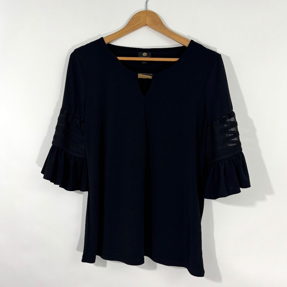 JM Collection Women’s Size Medium Black Keyhole Crochet Inset Ruffle Blouse